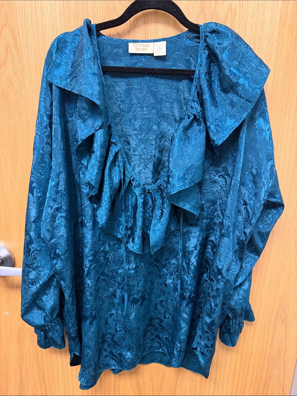 Victoria's Secret Vintage Gold Label Teal Jacquard Ruffle Tie Neck Blouse